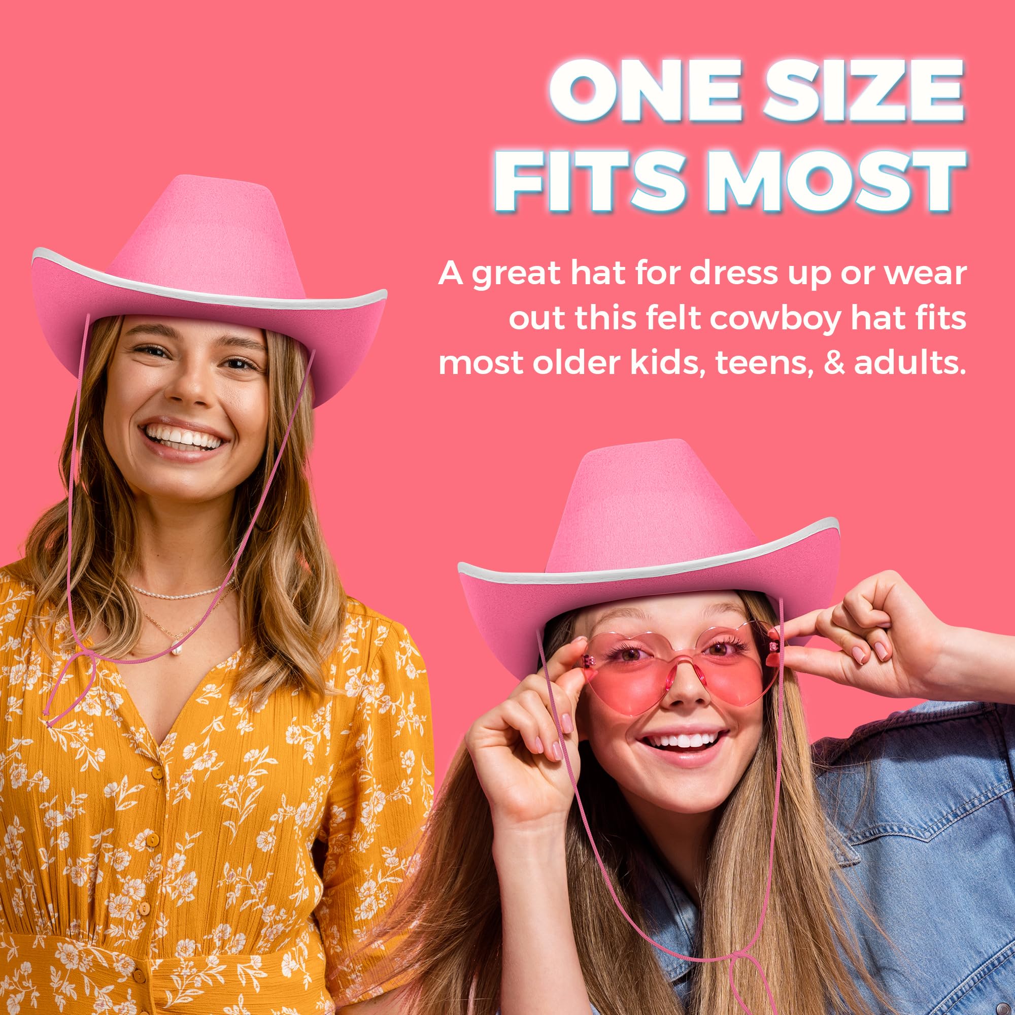 Bedwina Pink Cowgirl Hat for Women & Girls - Felt Western Cowboy Hat with White Trim & Adjustable Chin Strap - Bachelorette, Dress-Up, Rodeo, Costume Accessory, Party Favor, Themed Events